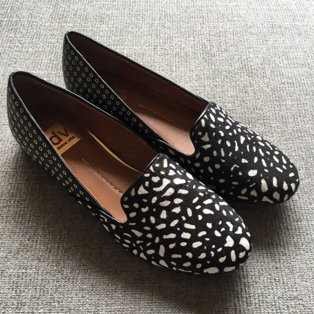 Dolce Vita Black and White Calf Hair and Gold Studded Loafers, NWT size 7.5